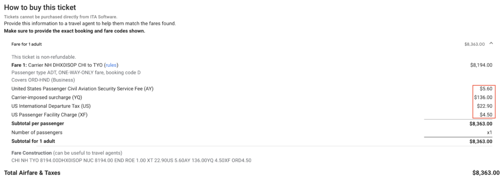 ITA Matrix fare breakdown for ANA flight.